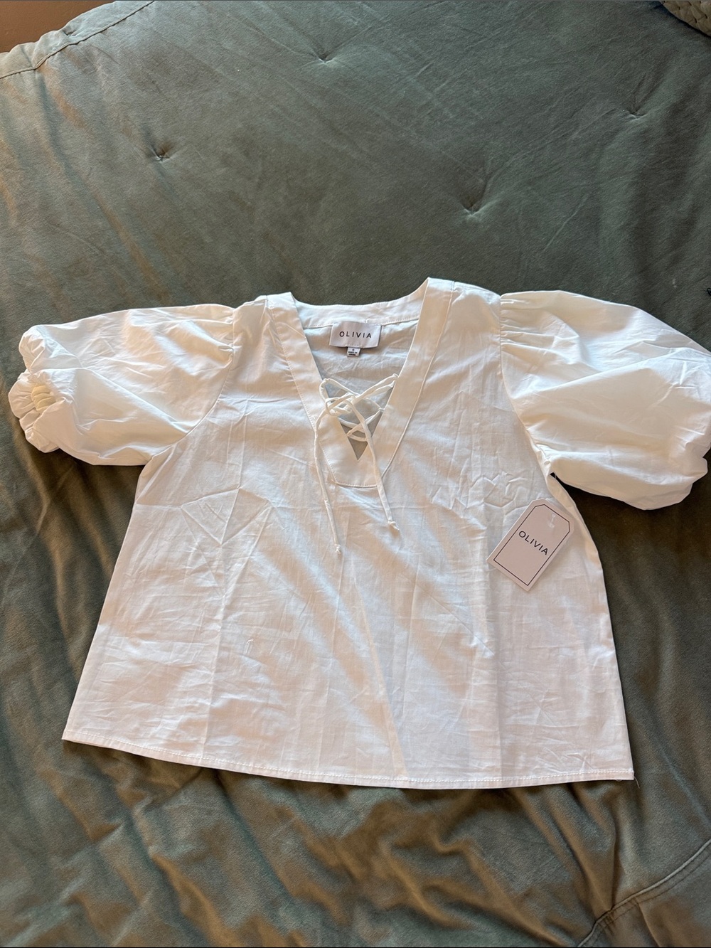 Olivia White Puff-Sleeve Lace-Up V-Neck Top